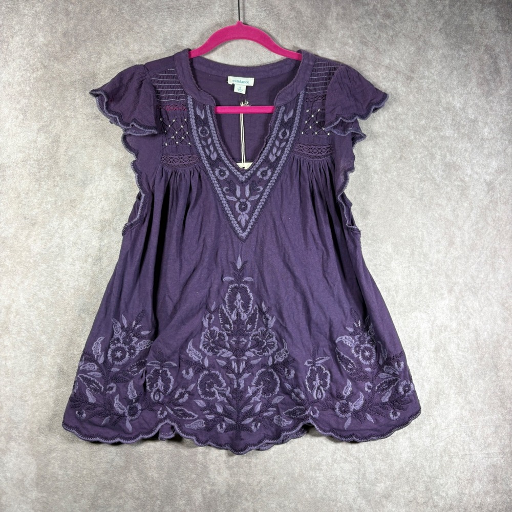 Sundance Top Women S Purple Embroidered Flutter Sleeve Cotton Linen Boho Peasant